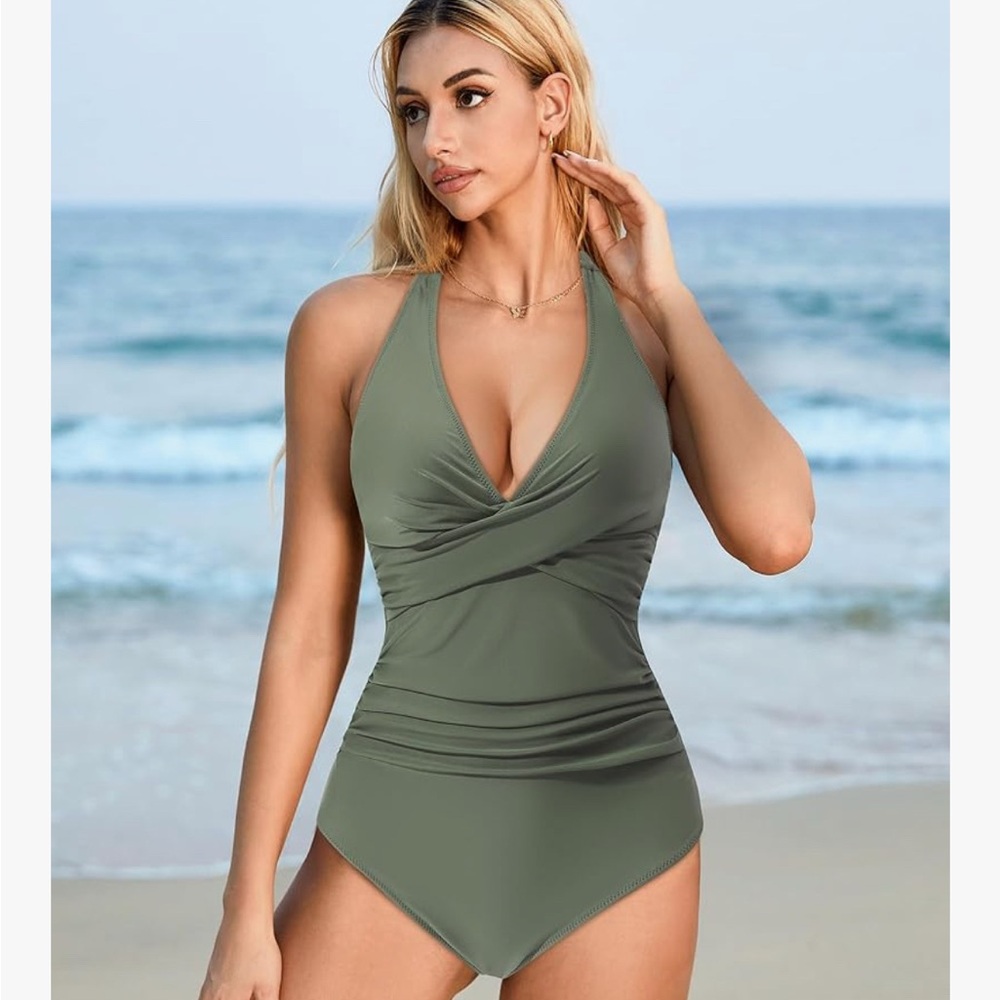Olive Green Halter One-Piece Swimsuit